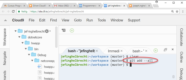 Cloud9 git add --all - stage files